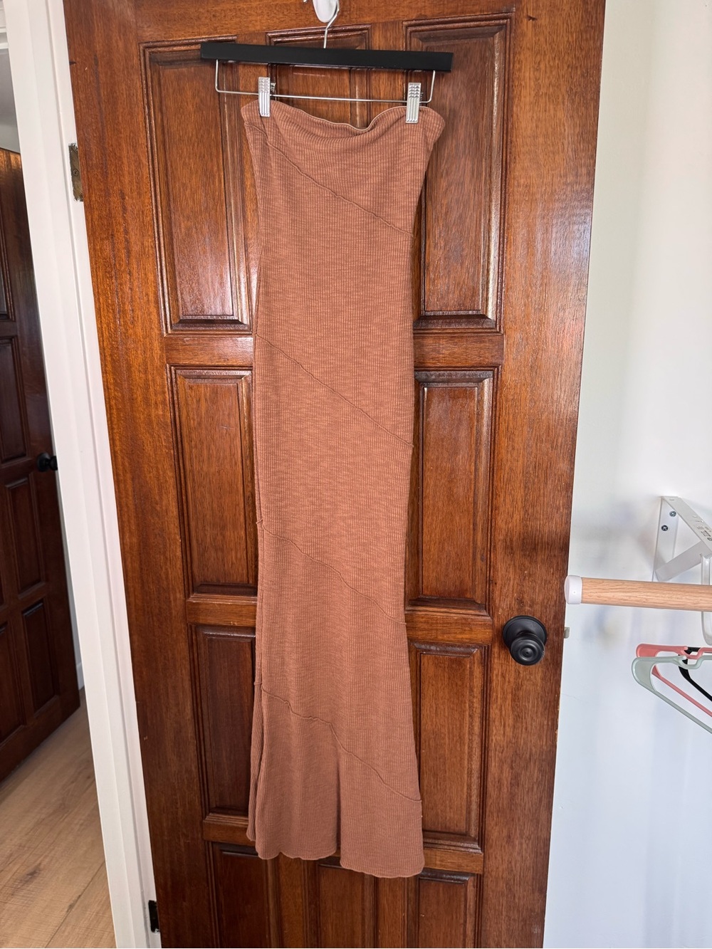 Princess Polly Strapless Ribbed Maxi Dress in Rust Brown